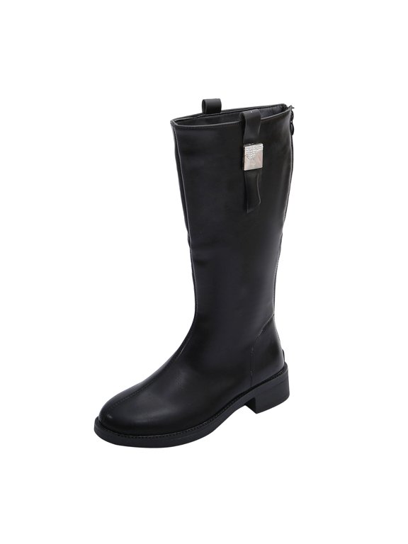 Western Ladies Boots Wide Width Mid-Calf Black Low Heel Outdoor Faux Leather Boots Ladies Shoes 41