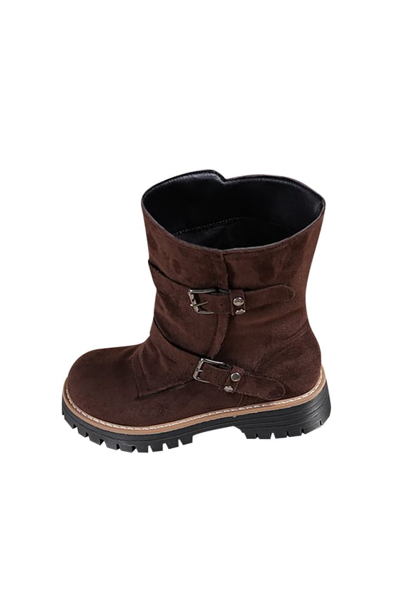 Western Women Boots Bronze Ankle Chunky Round Toe Buckles Wide Width Non Slip Boots Womens Shoes 41