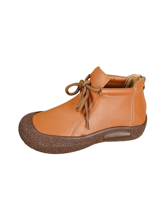 Western Women Boots Brown Fall Ankle Round Toe Furry Lace up Faux Leather Boots Woman Shoes 36