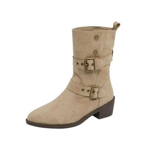 Dasayo Western Women's Boots Beige Mid-Calf Cowgirl Buckles Fold Over Low Heel Pointed Toe Boots Women Shoes 35
