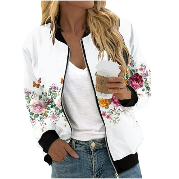 Dasayo White Coats for Women Bomber Full-Zip Barn Jackets Floral Light Fashion Streetwear Shackets for Women 2025 L