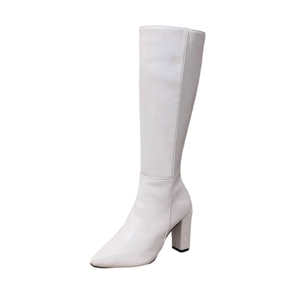 Dasayo White Ladies Boots Pointed Toe Mid-Calf Wide Width Faux Leather Fall Side Zip Kitten Heel Boots for Women 38