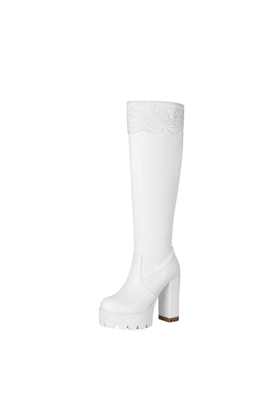 White Women's Boots Knee-High Fashion Dress Lace High Heel Side Zip Faux Leather Bow Boots Women Shoes 36