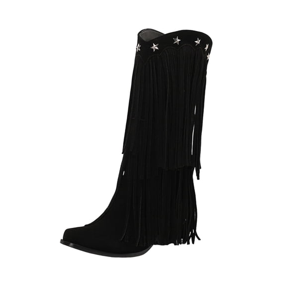 Dasayo Wide Calf Women Boots Mid-Calf Black Western Fringe Fashion Pointed Toe Boots Womens Shoes 36
