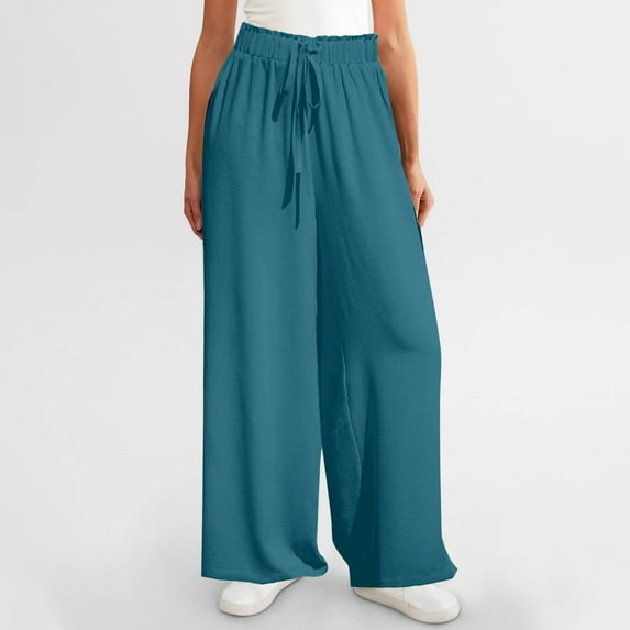 Dasayo Wide-Leg Ladies Pants High Rise Palazzo Business Casual Slacks Ruffle Hem Drawstring Outfits for Women M