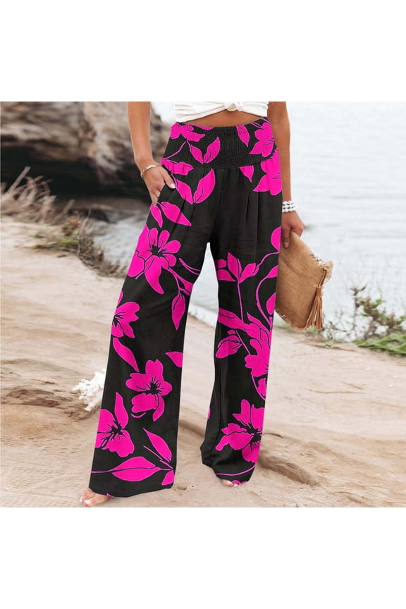 Wide-Leg Pants for Women Boho Palazzo Trousers Palm Leaf Prints Plus Size Pants Slacks for Women XL