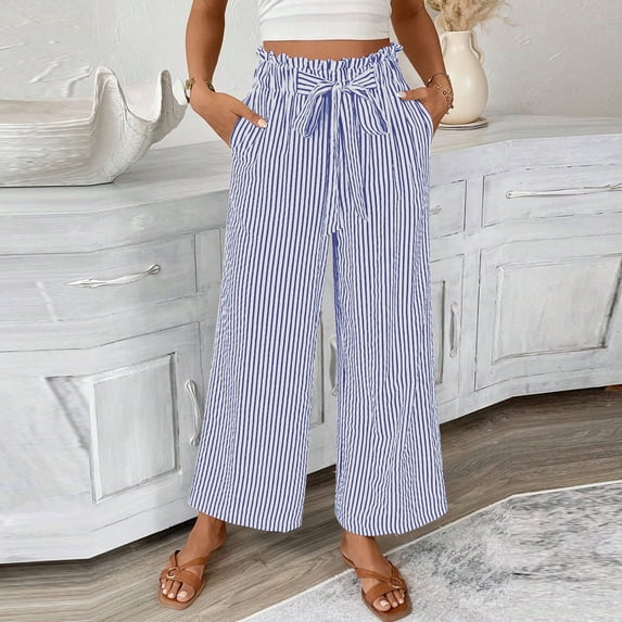 Dasayo Wide-Leg Pants for Women Palazzo Blue Business Casual Trousers Striped Drawstring Summer Outfits for Women M
