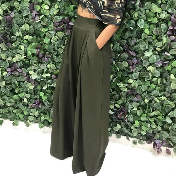 Dasayo Wide-Leg Pants for Women Trendy Pleated Green High Waist Slacks Solid Workout Soft Trousers Womens Sweatpants M