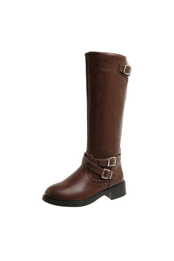 Wide Width Boots Women Low Heel Mid-Calf Brown Buckles Faux Leather Round Toe Pull on Boots Women Shoes 36