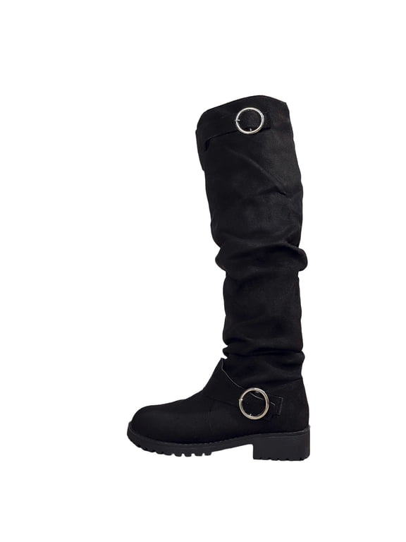 Wide Width Ladies Boots Black Knee-High Slouch Dressy Round Toe Buckles Boots Womens Shoes 36