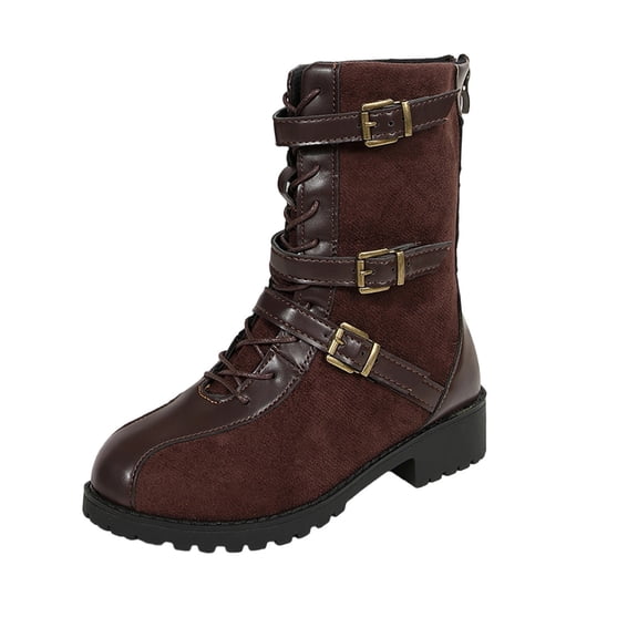 Dasayo Wide Width Womans Boots Western Ankle Brown Buckles Lace up Motorcycle Boots Womens Shoes 36