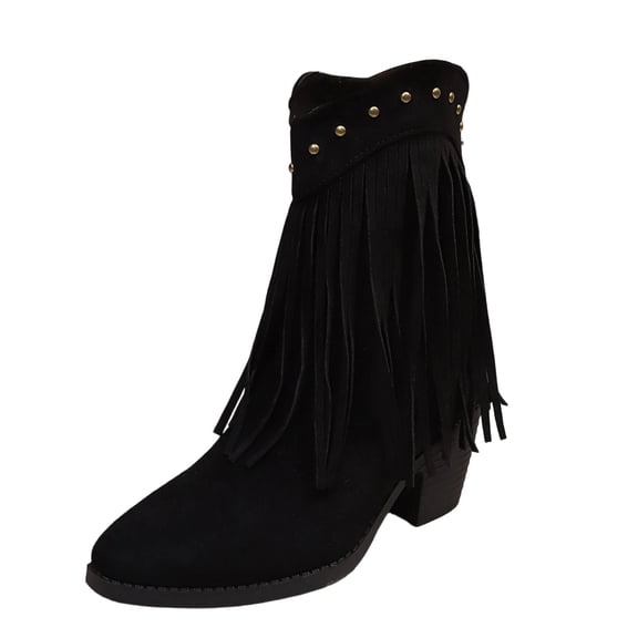 Dasayo Wide Width Women's Boots Dress Black Ankle Low Heel Snip Toe Fringe Boots Women Shoes 41