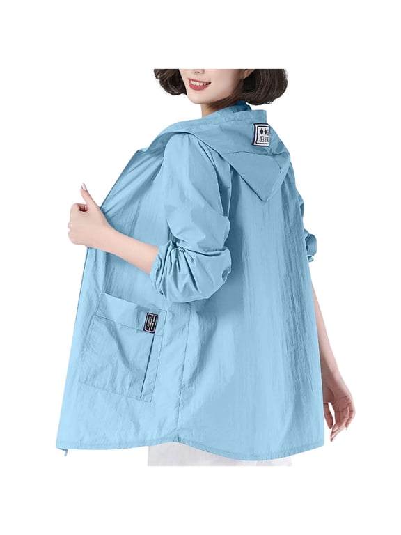 Windbreaker Coats for Women Full-Zip Blue Plus Size Light Weight Hooded Hiking Jacket Women Jacket L