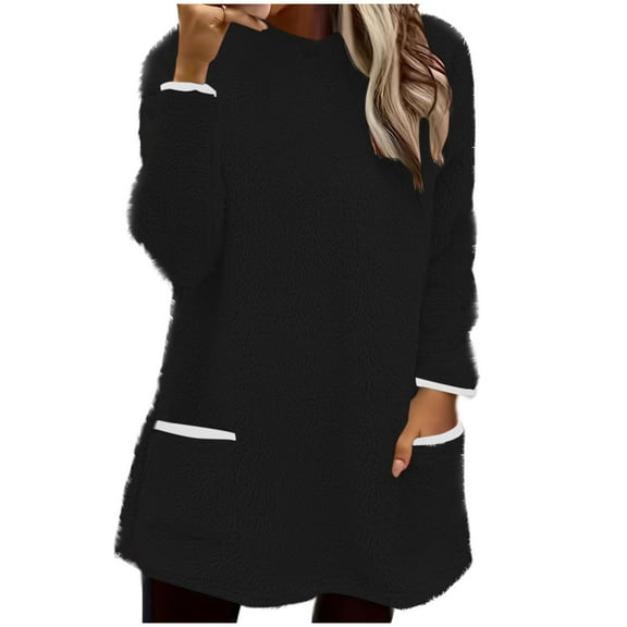 Dasayo Winter Tops for Women 2025 Fleece Black Long Sleeve Blouses Dressy Pockets Fuzzy Sweaters Shirts for Women L