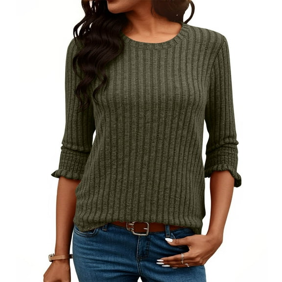Dasayo Winter Tops for Women Knit Long Sleeve Green Comfort Solid Ruffle Shirts Womens Blouses S