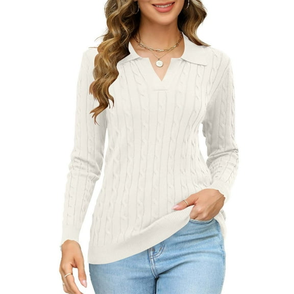 Dasayo Winter Womans Tops White Knitted V-Neck Long Sleeve Sweaters Lapel Collar Classic Loose Tops Shirts for Women XL