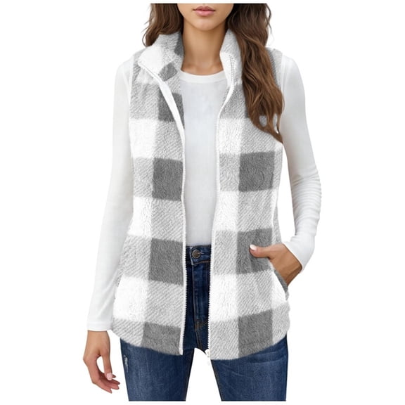 Dasayo Winter Women Vest Soft Gray Fleece Zip up Plaid Comfy Vest Women's Coats XL