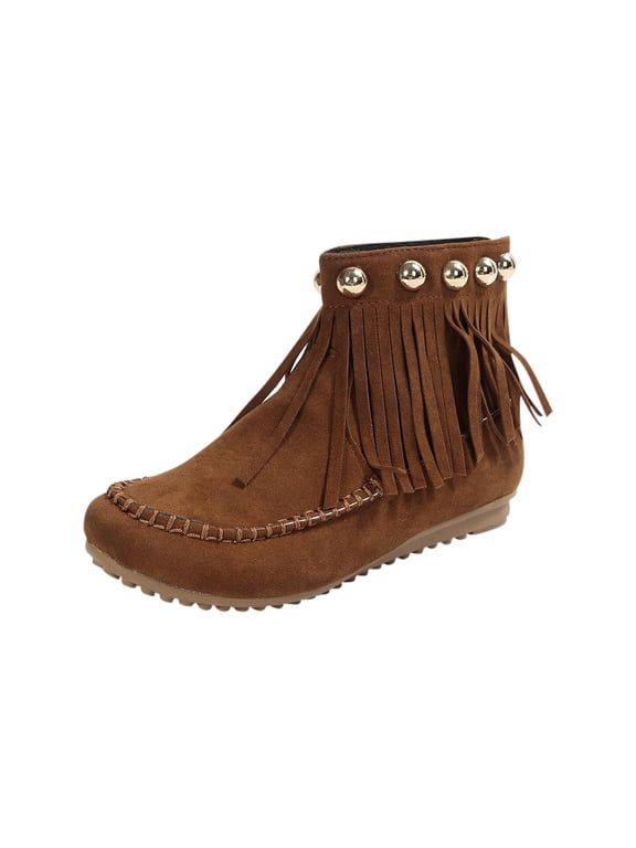 Woman Boots Ankle Brown Western Low Heel Round Toe Faux Leather Cowgirl Fringe Boots Shoes Women 42