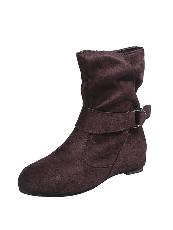 Woman Boots Bronze Slouch Low Heel Ankle Comfortable Side Zip Wide Width Buckle Boots Womens Shoes 37