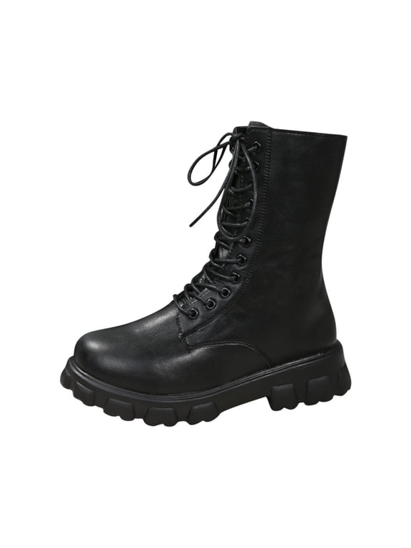 Woman Boots Motorcycle Black Chunky Ankle Side Zip Lace up Round Toe Hiking Boots Ladies Shoes 36