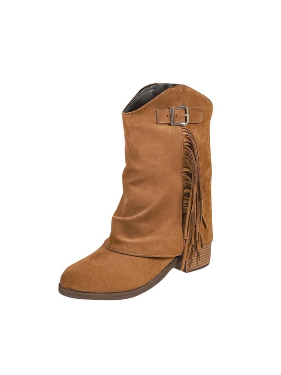 Woman Boots Wide Calf Slouch Brown Mid-Calf Fringe Block Heel Cowgirl Buckle Boots Womens Shoes 39