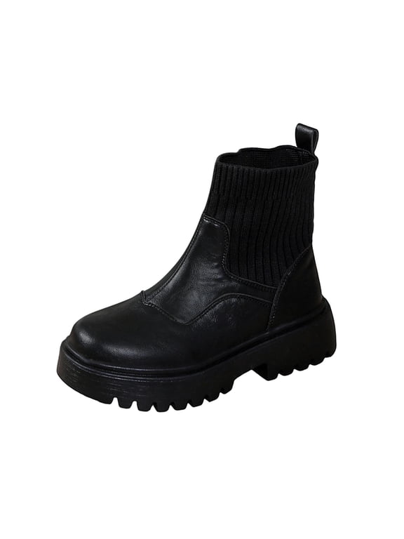 Womans Boots Ankle Chunky Wide Calf Black Faux Leather Low Heel Knitted Hiking Boots Womans Shoes 36