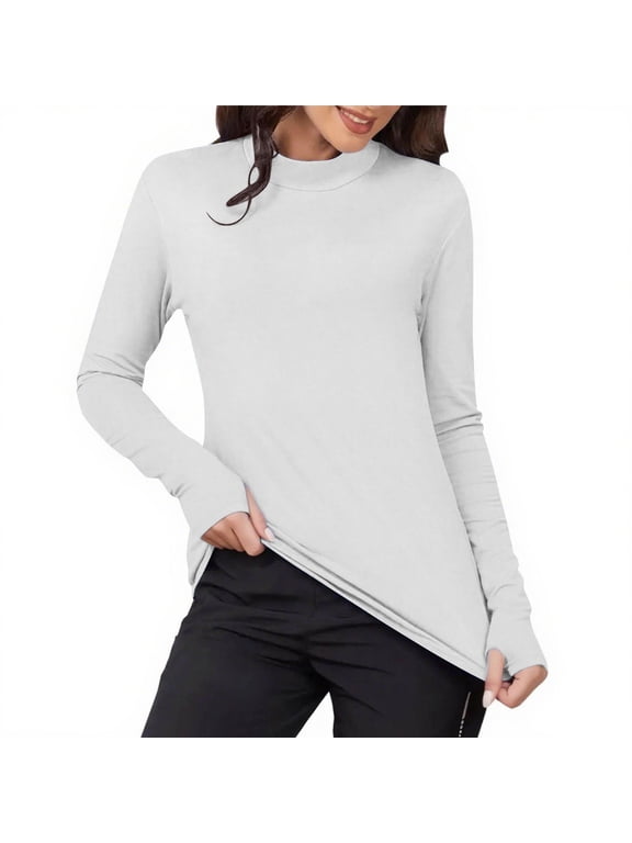 Womans Tops White Thermal High Neck Long Sleeve Undershirts Fitted Tunic Solid Tops Woman Shirts XXL