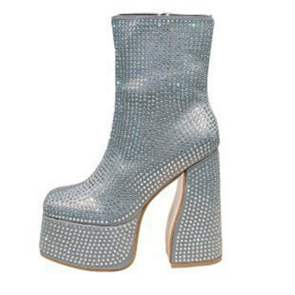 Dasayo Women Boots Dress Ankle Silver High Heel Rhinestone Fashion Faux Leather Going Out Boots Women's Shoes 39