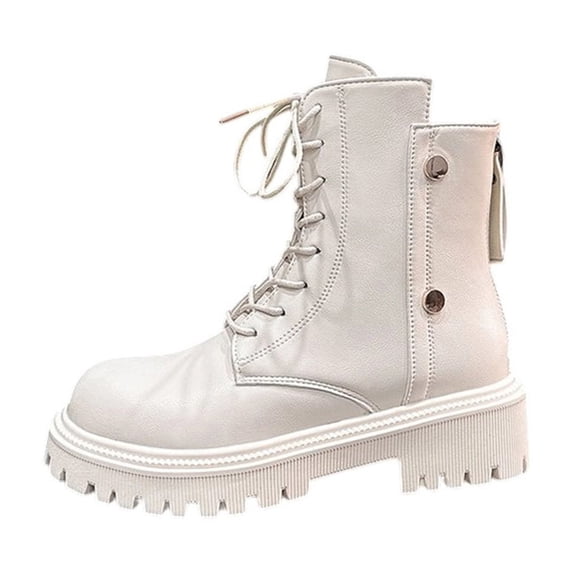 Dasayo Women Boots Footwear Beige Chunky Non Slip Ankle Lace up Motorcycle Fashion Faux Leather Boots Womens Shoes 39