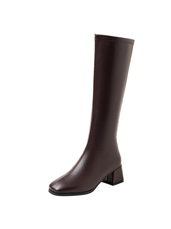 Women Boots Mid-Calf Bronze Dress Block Heel Elegant Square Toe Classic Faux Leather Boots Shoes Women 38