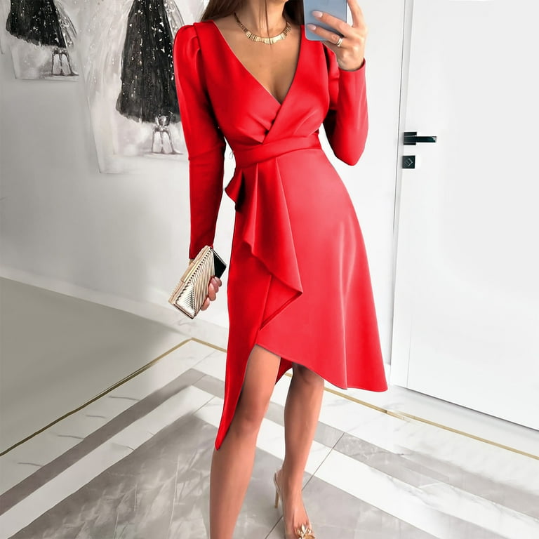 Dasayo Women Fancy Asymmetrical Hem Dress Solid V Neck Midi Dresses Long Sleeves Party Dress