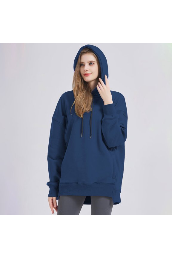 Women Hoodie Oversized Long Sleeve Blue Drawstring Solid Pocket Shirring Hem Hoodies Women Blouses and Shirts S
