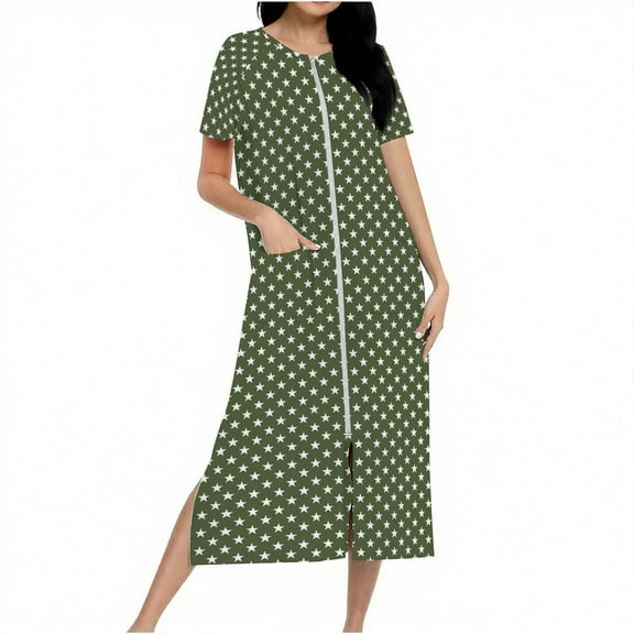 Dasayo Women Nightgown Short Sleeve Zip up Hospital Loose Nightgown Side Split Graphic Sleepwear Women's Pajamas XL