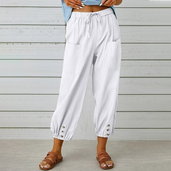 Dasayo Women Plus Size Capris Elastic Waist Drawstring Pants Summer Solid Trousers with Pockets
