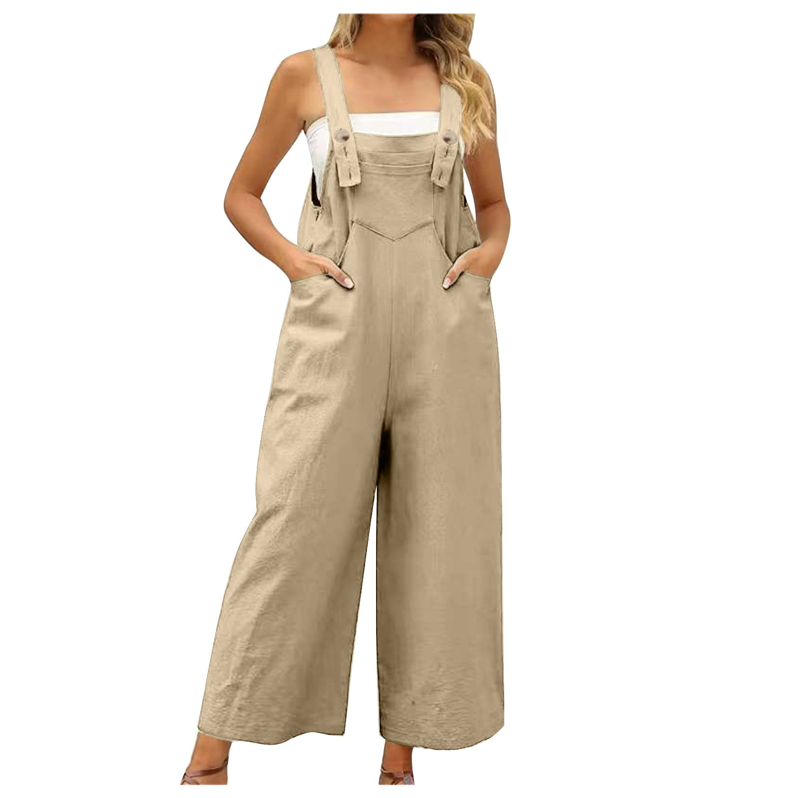 Dasayo Women Solid Bib Overalls Loose Fit Wide Leg Jumpsuits Casual