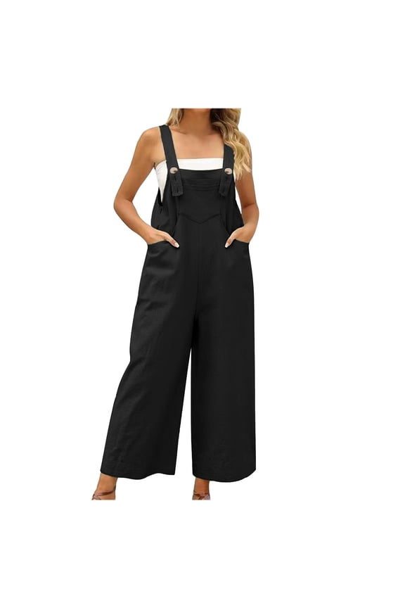 Women Solid Bib Overalls Loose Fit Wide Leg Jumpsuits Casual Rompers with Pockets