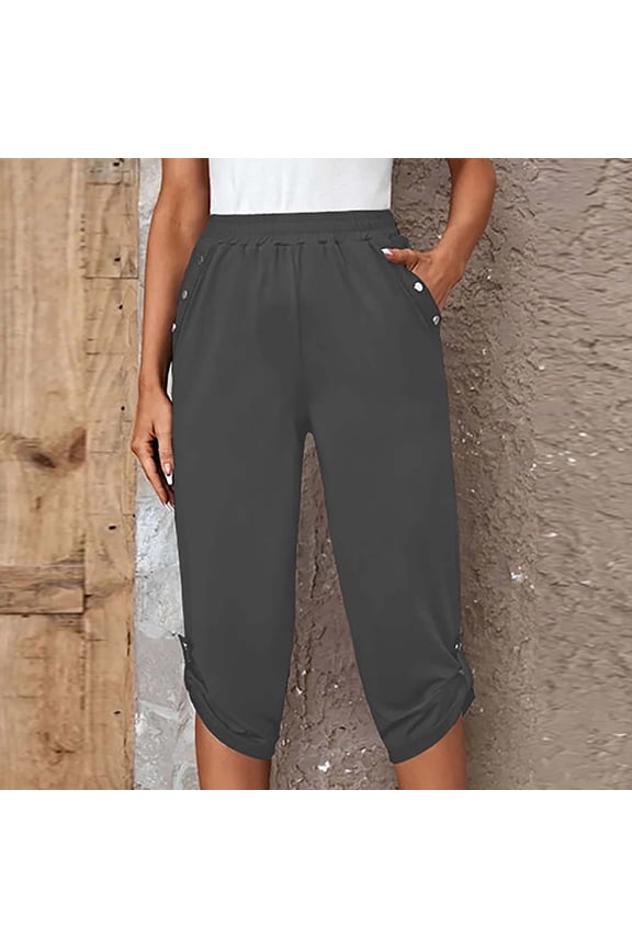 Women Summer Capris Elastic Waist Pants with Pockets Casual Outdoor Clothing