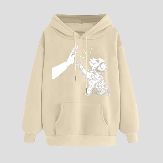 Dasayo Women Sweatshirts Women Oversized Beige Long Sleeve Funny Graphic Prints Drawstring Pocket Hoodies Womens Tops L