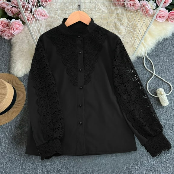 Dasayo Women Tops Lace Black Long Sleeve Elegant Solid Button-Up Shirts Blouses for Women L