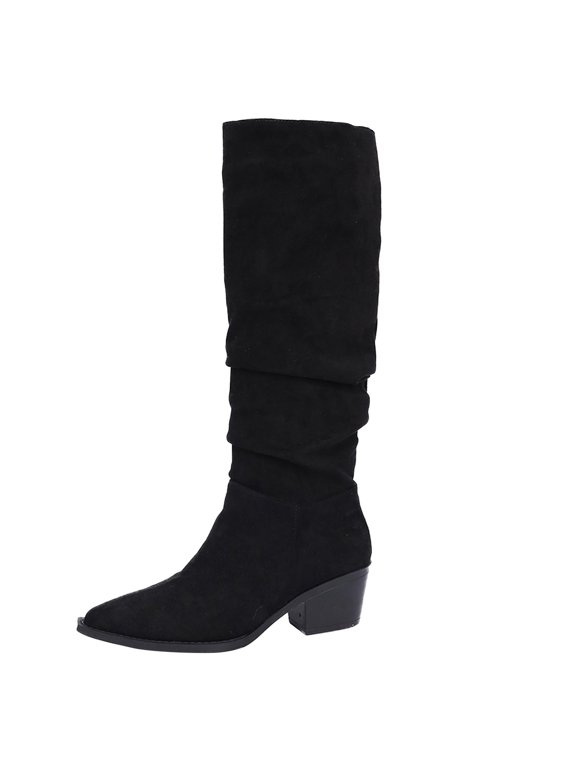 Women's Boots Dress Black Mid-Calf Slouch Low Heel Pointed Toe Wide Calf Boots Women Shoes 36