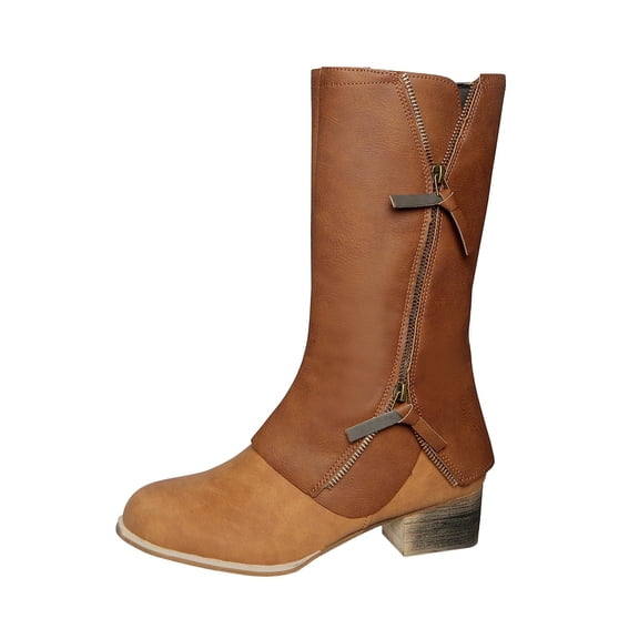Dasayo Women's Boots Motorcycle Brown Mid-Calf Western Side Zip Faux Leather Cowgirl Low Heel Boots Woman Shoes 38