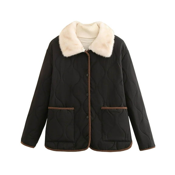 Dasayo Women's Coats Puffer Fleece Padded Coats Contrast Trim Button up Lapel Collar Outerwear for Women XXL