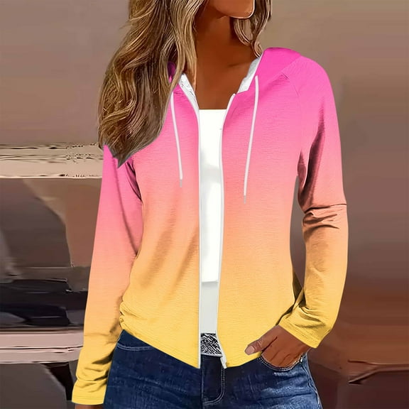 Dasayo Women's Hooded Sweatshirts Full Zip up Pink Long Sleeve Gradient Color Drawstring Jackets for Women XXL