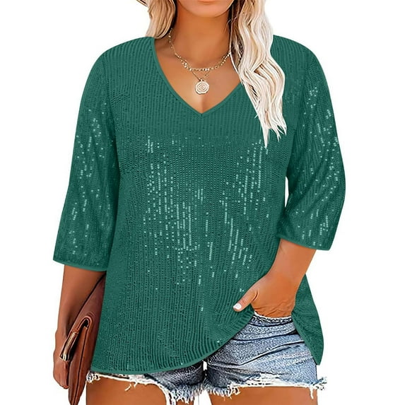 Dasayo Women's Tops Oversized Sequin 3/4 Sleeve Green V-Neck Solid Blouses Women's Blouses and T Shirts XXXL