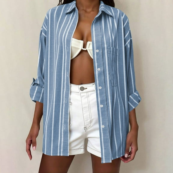 Dasayo Women's Tops and Blouses Blue Business Casual Long Sleeve Striped Collared Button-Up Shirts Womens T Shirts M