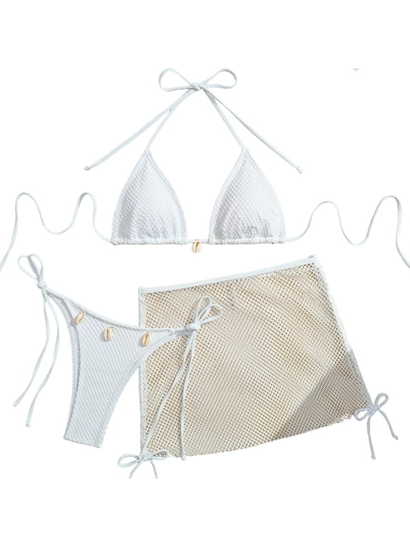 Womens Bikini Set Halter White 3 Piece High Cut Swim Skirt Bandage Bikini Sets Bathing Suits for Women over 60 M