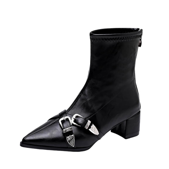 Dasayo Womens Booties Ankle Dress Black Block Heel Snip Toe Faux Leather Short Buckle Boots Womens Shoes 36