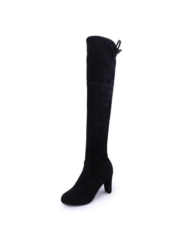 Womens Booties Dress Over-The-Knee Black Snip Toe Rubber Stretchy Lace up High Heel Boots Womens Shoes 35