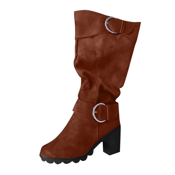 Dasayo Womens Booties Wide Width Mid-Calf Brown Dress Side Zip Buckle Kitten Heel Pointed Toe Boots Women's Shoes 37