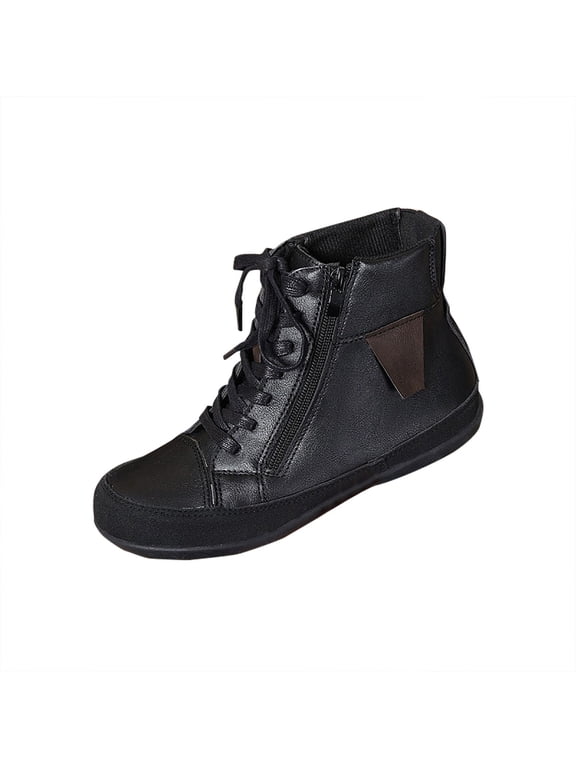 Womens Boots Ankle Hiking Black Lace up Faux Leather Running Side Zip Square Toe Boots Women Shoes 36